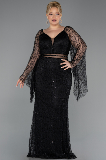 Long Black Beaded Plus Size Evening Gown ABU6350