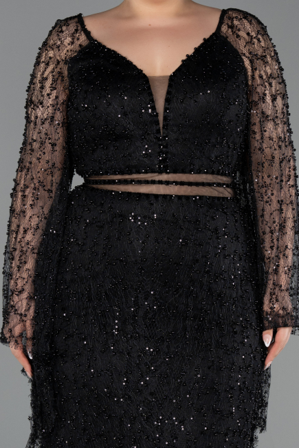 Long Black Beaded Plus Size Evening Gown ABU6350