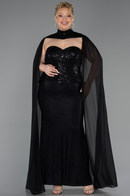 Long Black Dantelle Plus Size Evening Dress ABU6361