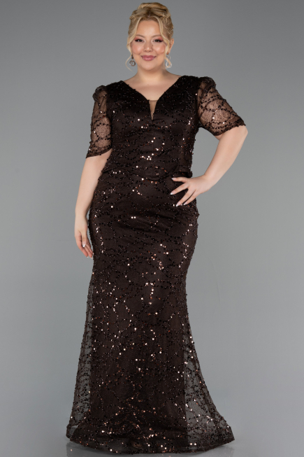 Long Brown Beaded Plus Size Evening Dress ABU6334