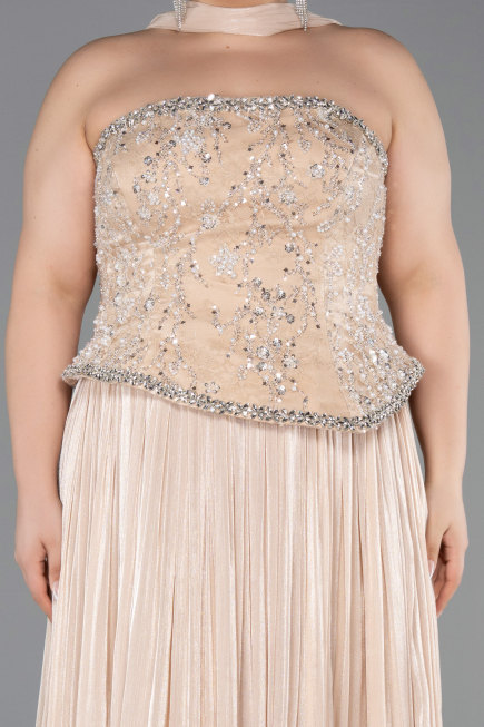 Long Beige Chiffon Plus Size Evening Gown ABU5793