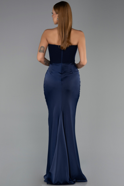 Long Navy Blue Satin Mermaid Prom Dress ABU5820