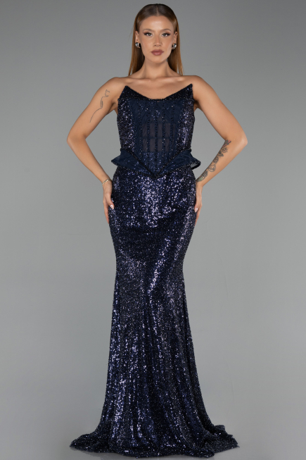 Long Navy Blue Beaded Evening Dress ABU6444