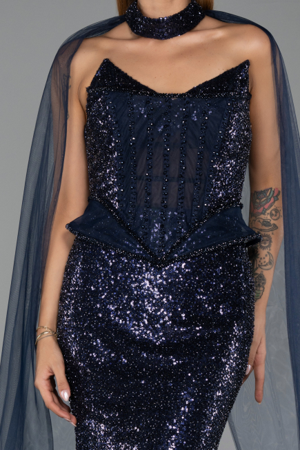 Long Navy Blue Beaded Evening Dress ABU6444