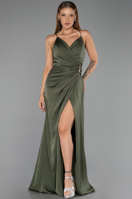 Long Olive Drab Satin Prom Gown ABU6427