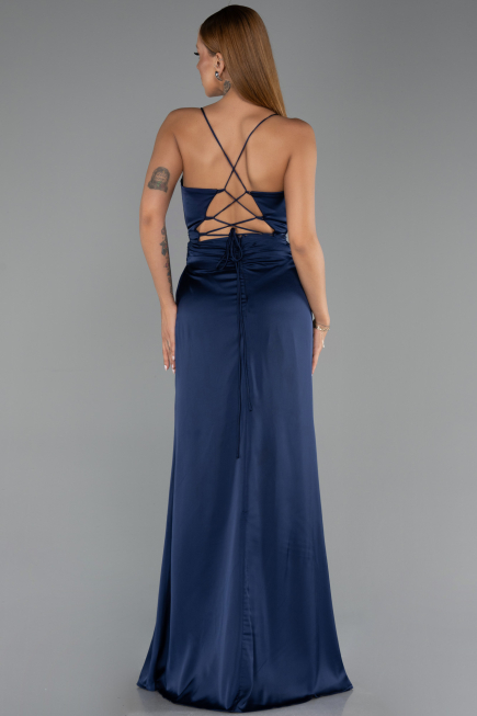 Long Navy Blue Satin Prom Gown ABU6427