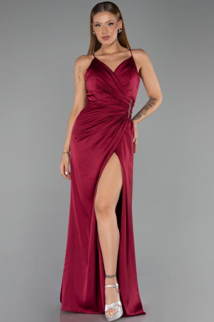 Long Cherry Colored Satin Prom Gown ABU6427