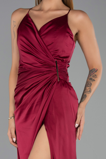 Long Cherry Colored Satin Prom Gown ABU6427