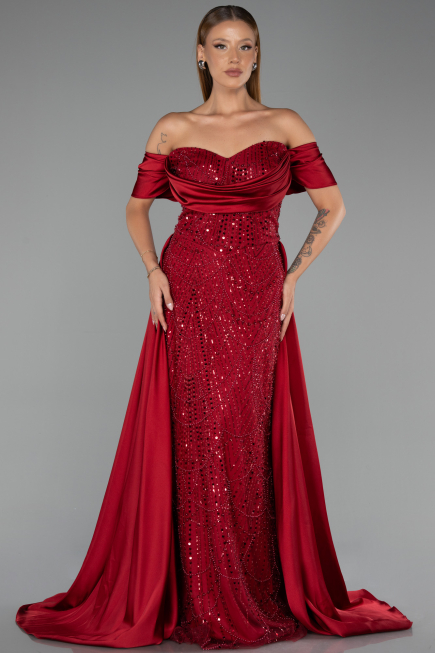 Long Burgundy Beaded Plus Size Evening Dress ABU6414