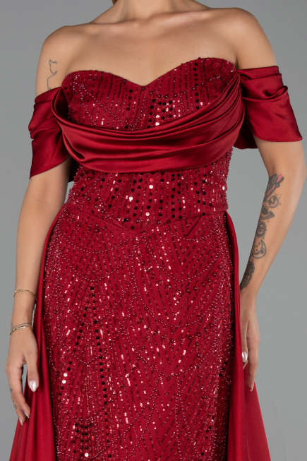 Long Burgundy Beaded Plus Size Evening Dress ABU6414