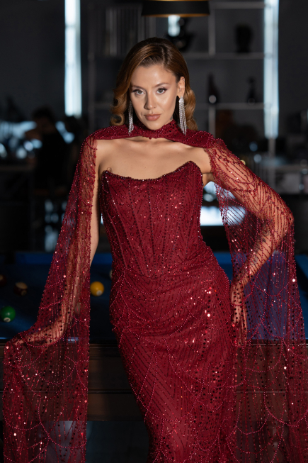 Long Burgundy Beaded Evening Dress ABU6401