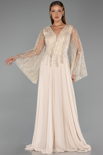 Long Beige Chiffon Oversized Evening Dress ABU6434