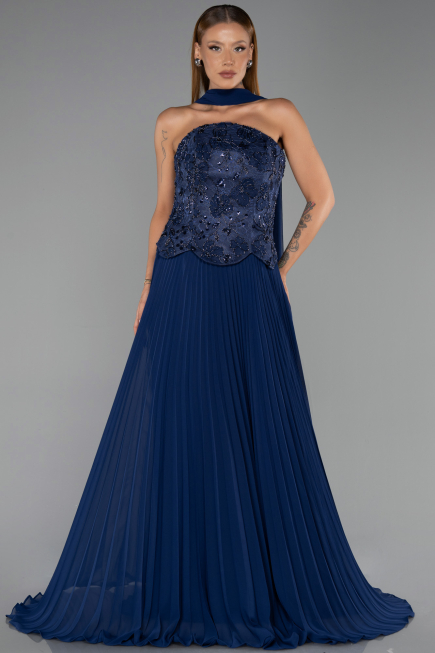 Long Navy Blue Chiffon Evening Dress ABU6436