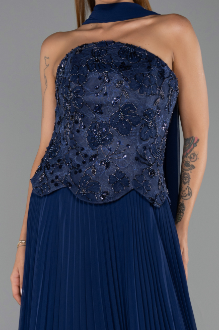 Long Navy Blue Chiffon Evening Dress ABU6436