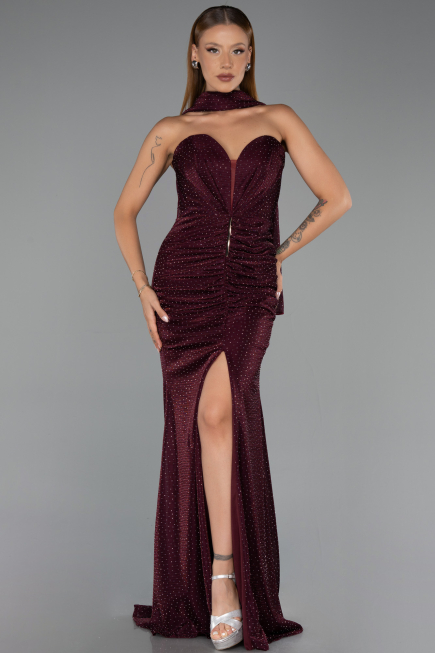 Long Cherry Colored Beaded Evening Dress ABU6440