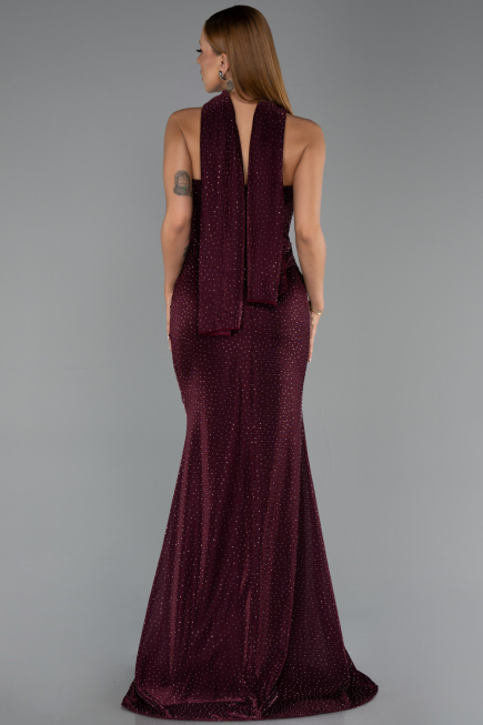 Long Cherry Colored Beaded Evening Dress ABU6440