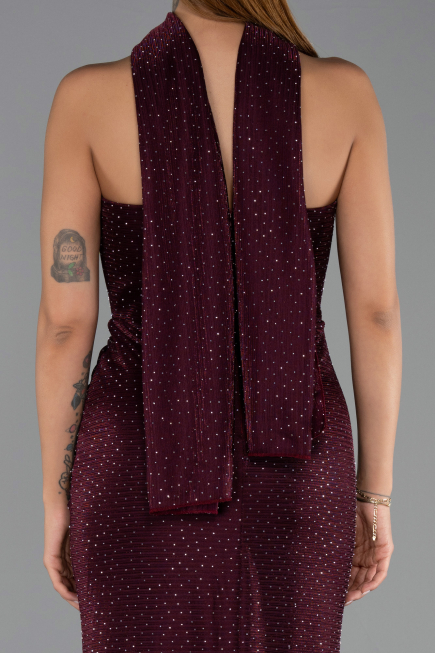 Long Cherry Colored Beaded Evening Dress ABU6440