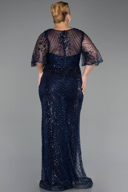 Long Navy Blue Beaded Plus Size Evening Dress ABU6389