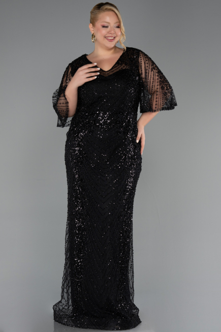 Long Black Beaded Plus Size Evening Dress ABU6389