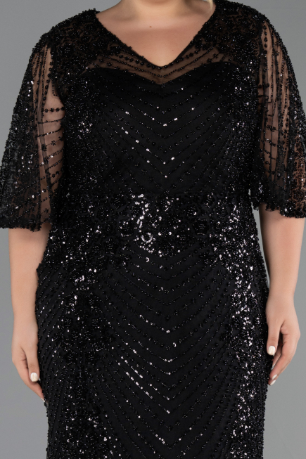 Long Black Beaded Plus Size Evening Dress ABU6389
