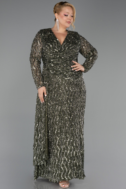 Long Olive Drab Scaly Plus Size Evening Gown ABU6488