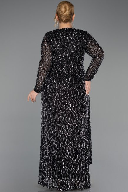 Long Black-Silver Scaly Plus Size Evening Gown ABU6488