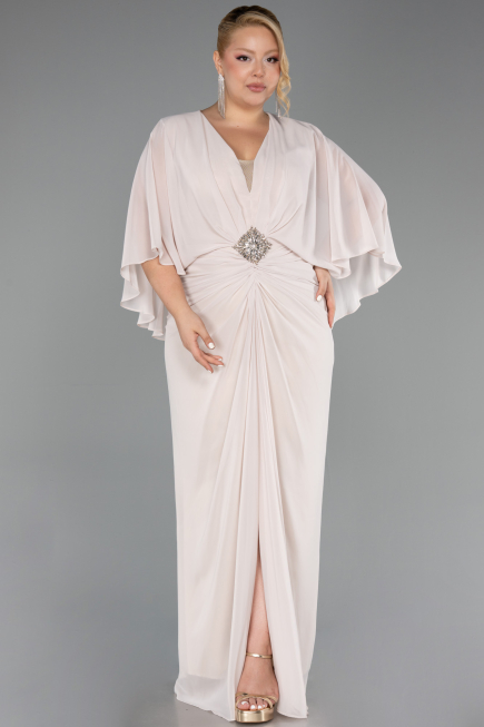 Long Beige Chiffon Plus Size Evening Dress ABU6490