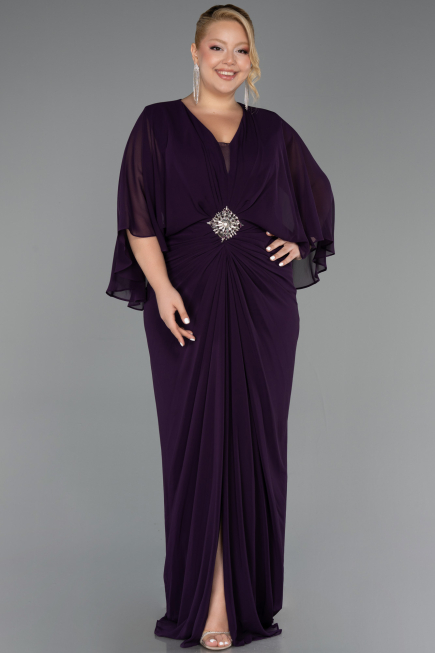 Long Dark Purple Chiffon Plus Size Evening Dress ABU6490