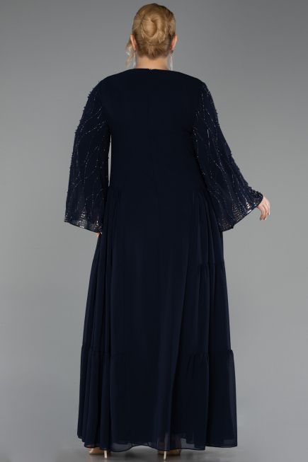 Long Navy Blue Chiffon Plus Size Evening Dress ABU6491
