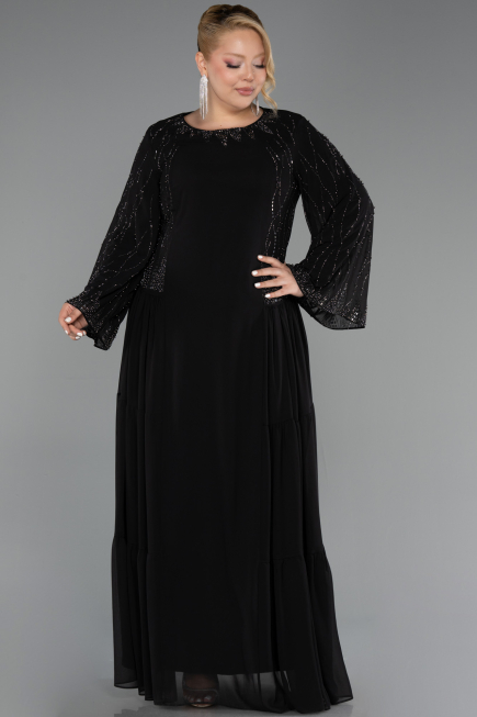 Long Black Chiffon Plus Size Evening Dress ABU6491