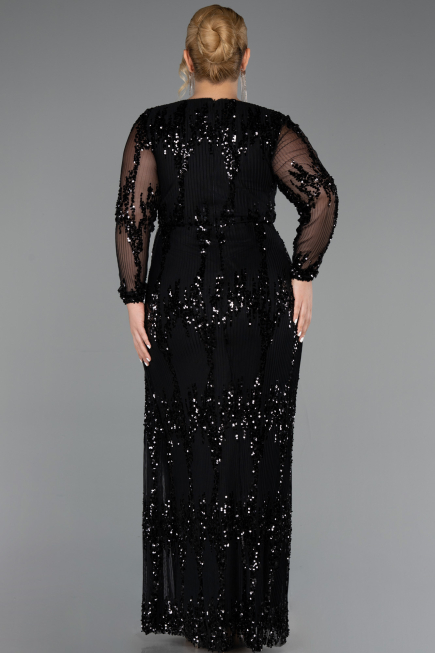 Long Black Scaly Plus Size Evening Gown ABU6493