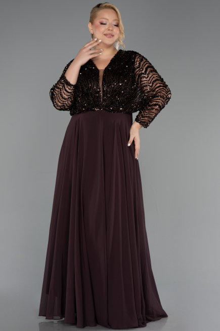 Long Brown Chiffon Formal Plus Size Dress ABU6495