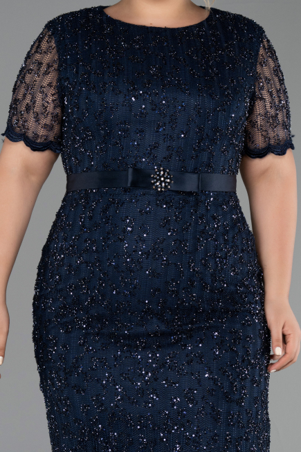 Midi Navy Blue Dantelle Plus Size Cocktail Dress ABK2673