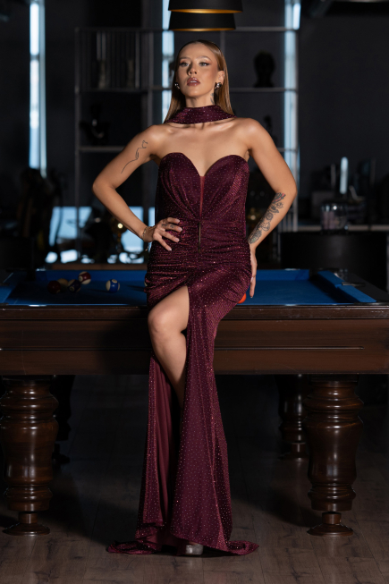 Long Cherry Colored Beaded Evening Dress ABU6440