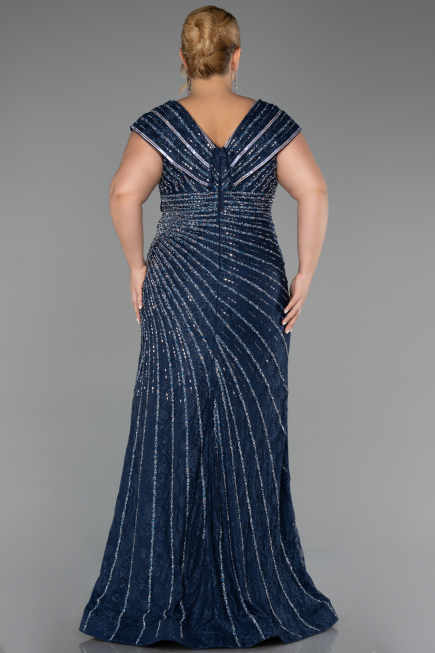 Long Navy Blue Beaded Plus Size Engagement Dress ABU5444