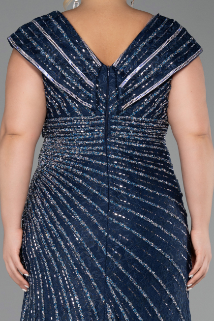 Long Navy Blue Beaded Plus Size Engagement Dress ABU5444