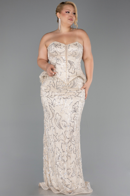 Long Beige Beaded Formal Plus Size Dress ABU6379