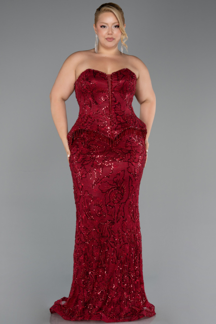 Long Burgundy Beaded Formal Plus Size Dress ABU6379