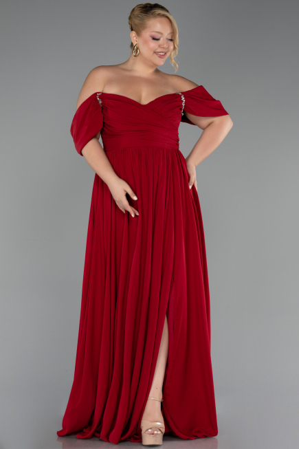 Burgundy Boat Neck Long Chiffon Plus Size Prom Dress ABU3738
