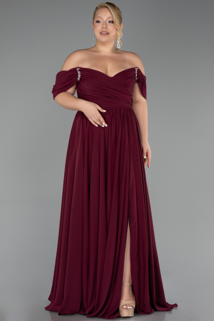 Cherry Colored Boat Neck Long Chiffon Plus Size Prom Dress ABU3738