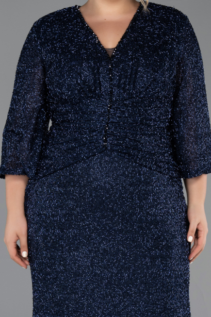 Long Navy Blue Beaded Plus Size Evening Gown ABU6501