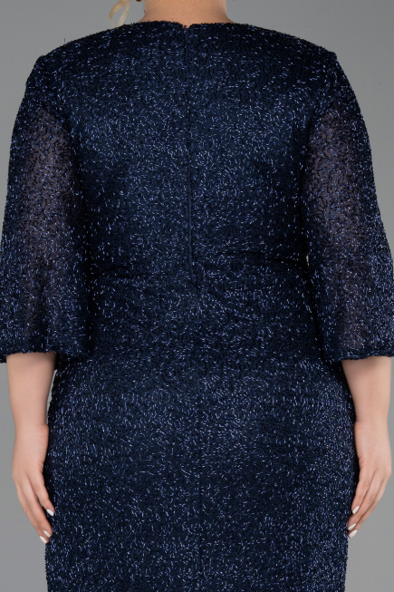 Long Navy Blue Beaded Plus Size Evening Gown ABU6501