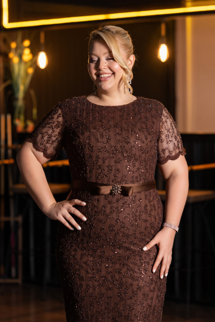 Midi Brown Dantelle Plus Size Cocktail Dress ABK2673