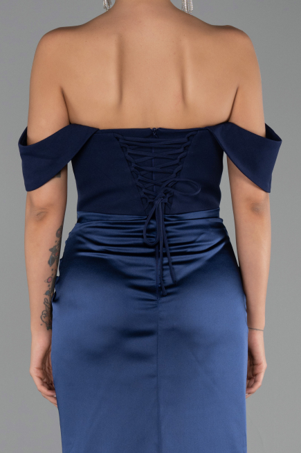 Long Navy Blue Satin Mermaid Prom Dress ABU6525