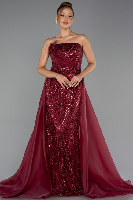 Long Burgundy Beaded Evening Dress ABU5511