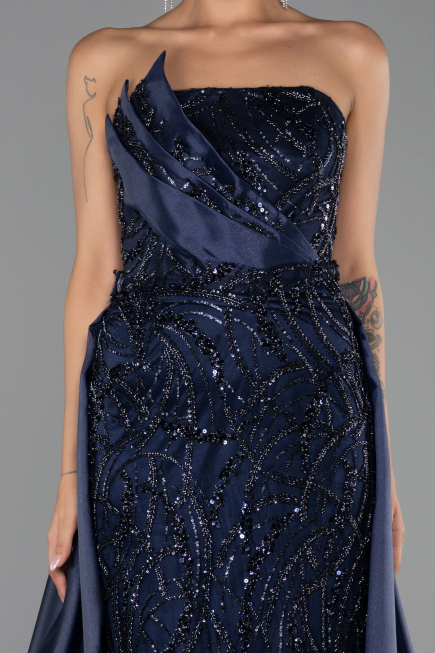 Long Navy Blue Beaded Evening Dress ABU5511
