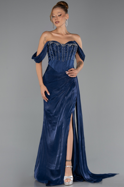 Long Navy Blue Chiffon Evening Dress ABU6496
