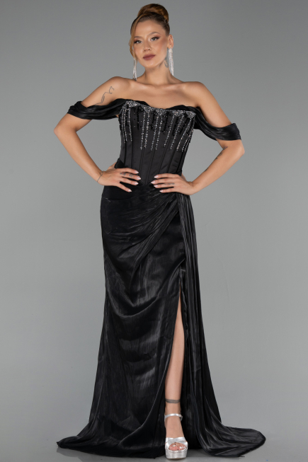 Long Black Chiffon Evening Dress ABU6496
