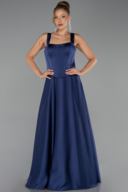 Long Navy Blue Satin Evening Dress ABU6527
