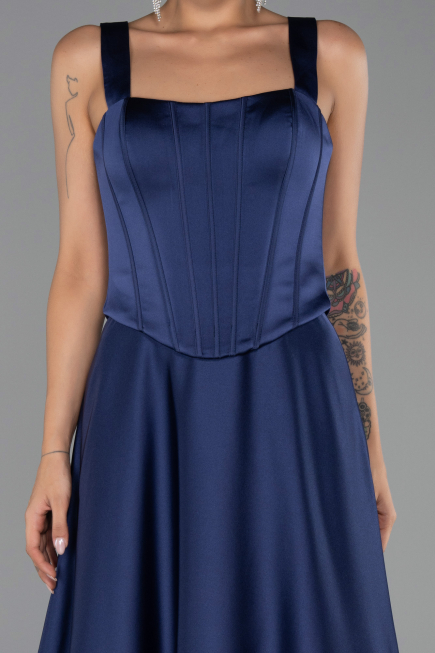 Long Navy Blue Satin Evening Dress ABU6527